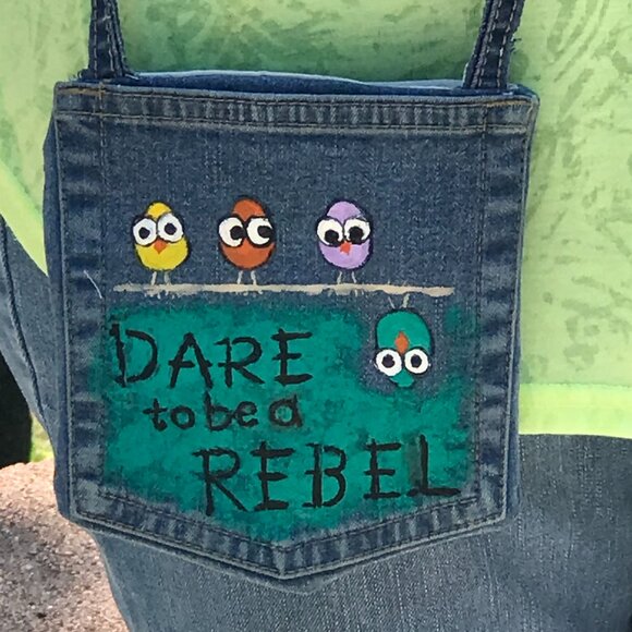 Crossbody Jean Purse: Handmade Over Shoulder Cell Phone Bag, Whimsical Birds - Picture 10 of 11